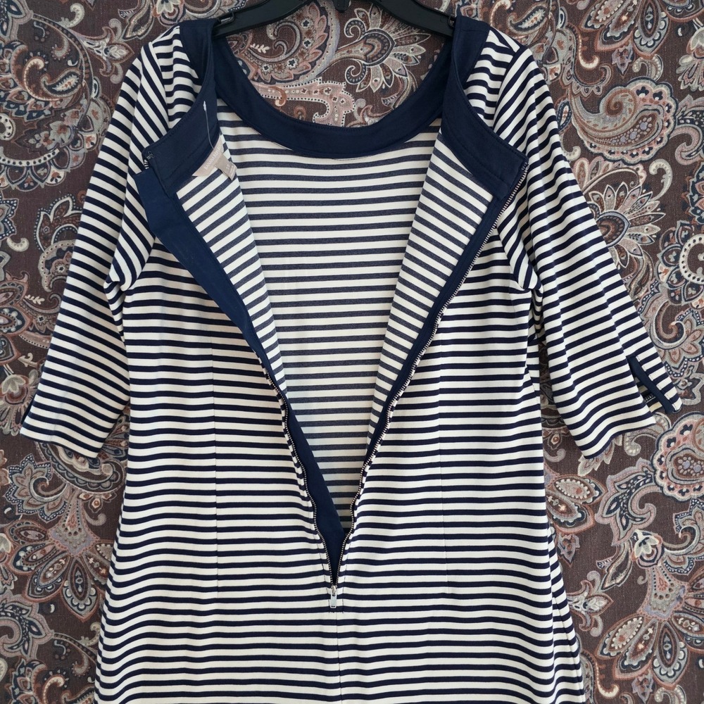 Banana Republic Navy White Striped Sheath Dress Scoop Neck Elbow Sleeve Size 10 - Picture 12 of 16